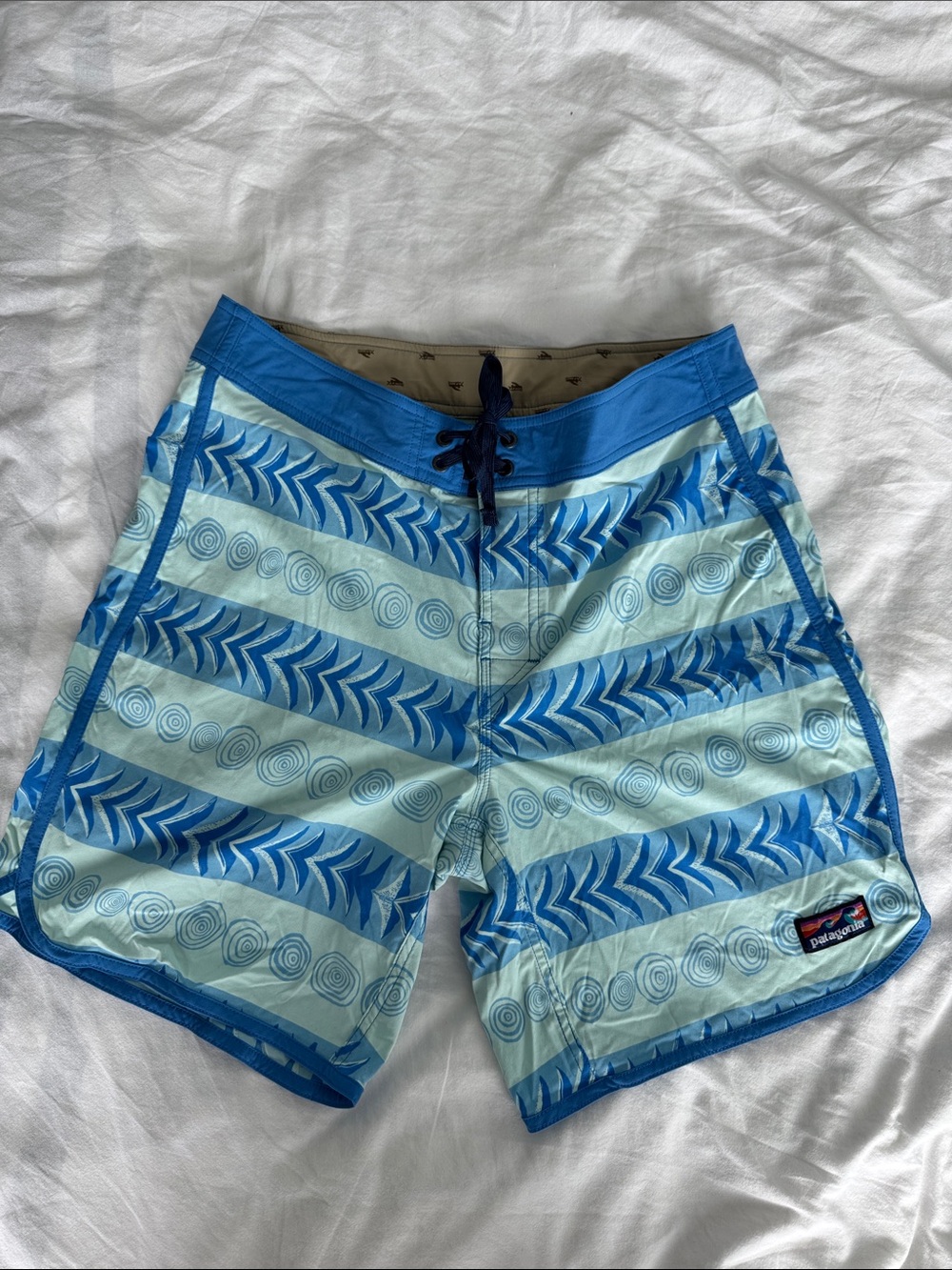 Patagonia Light Blue & Royal Blue Chevron Stripe Swim Shorts